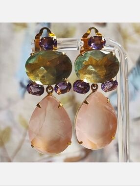 BOUNKIT Gemstone Gold Tone Clip Earrings Prong Set Signed 14kt Plated Luxury